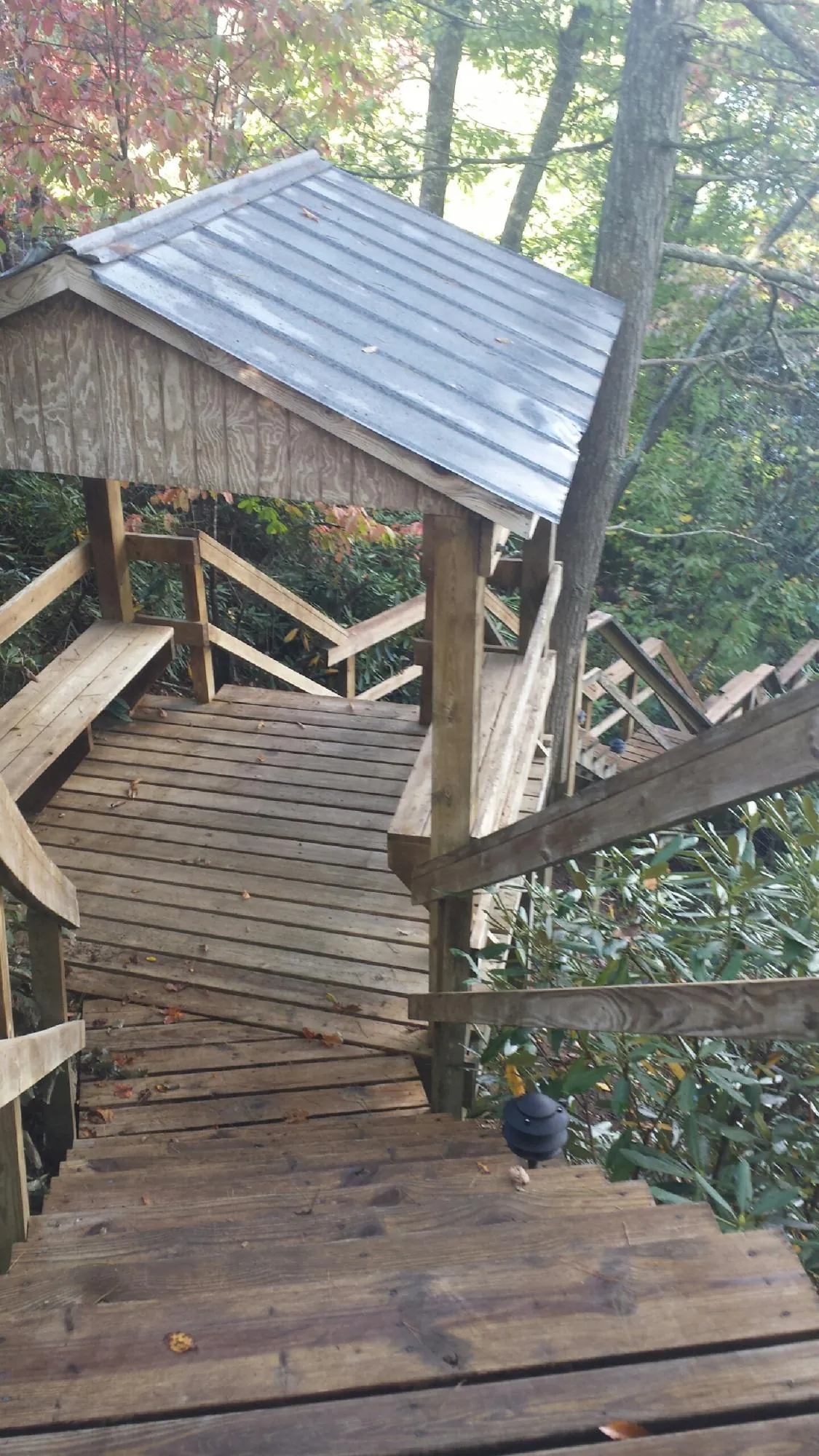Metal roofed shelter over wooden steps on a wooded walkway — Skylight Repair & Installation work by our crew in Olalla